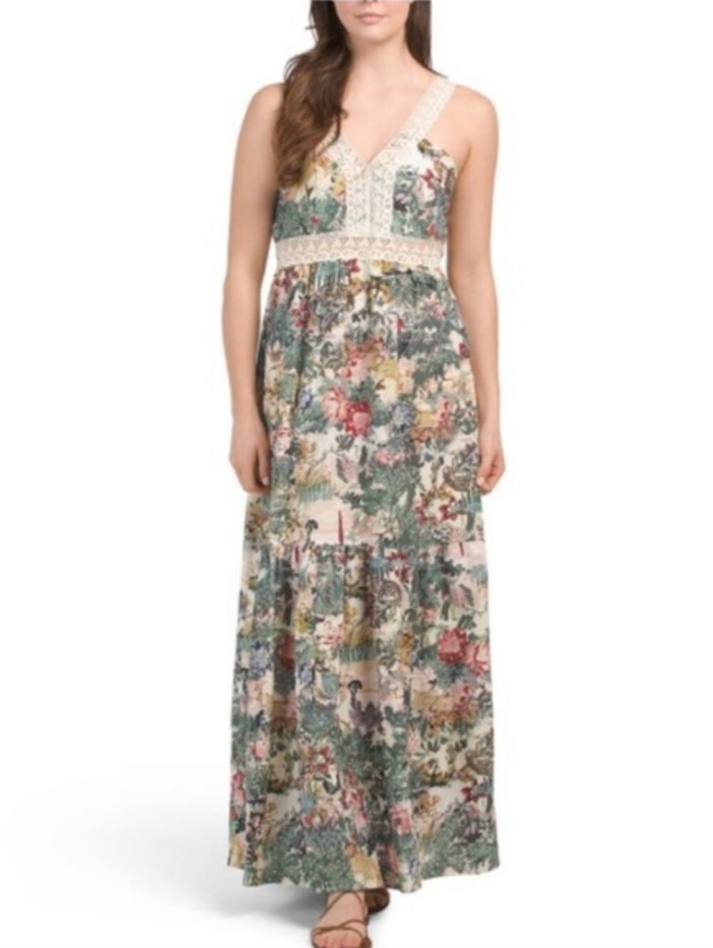 SAIPH Maxi Dress Tropical Sage Rose Cream Linen Cotton Lace Made In Italy Lrg